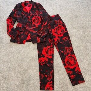 Blithe LA Floral Suit Womens S Red Black Roses Blazer Pants Romantic Edgy Chic